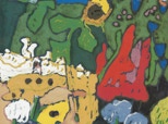 Garten mit Gladiolen und Sonnenblume - 1996 - Linolschnitt - 49 x 42,5 auf 59 x 50 cm - Auflage 70, e.a. 18 - Andrucke 9