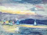 Segler in der Förde (Abend) - 2000 - Blaustift und Aquarell - 29,5 x 40 cm